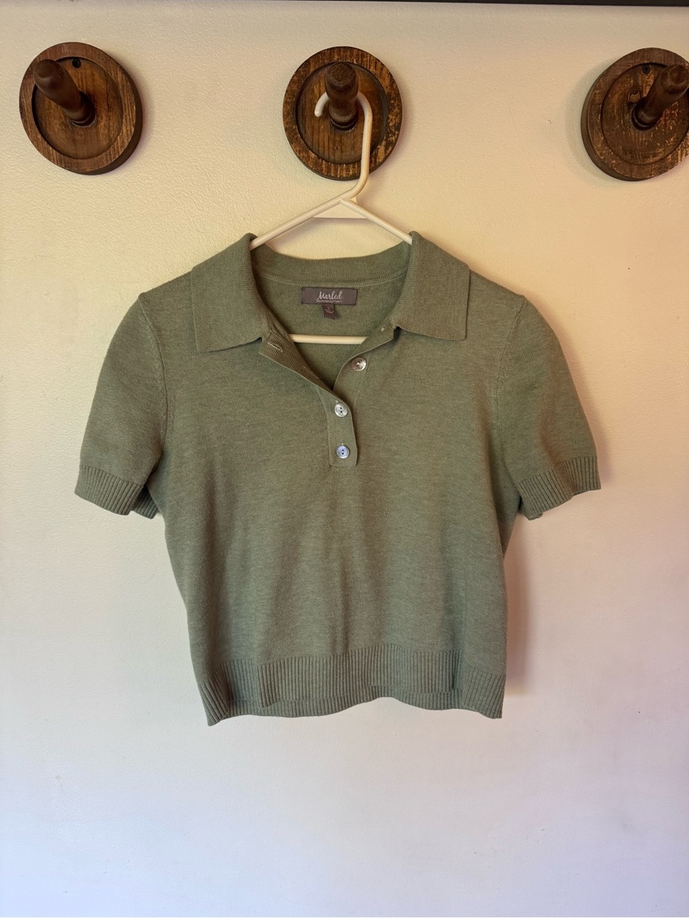 Marled Olive Green Cropped Polo Knit Top size small